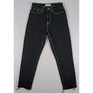 TOPSHOP Black w/ Neon Green Stitching Mom Jeans Women's W26 L30 Raw-hem Unworn
